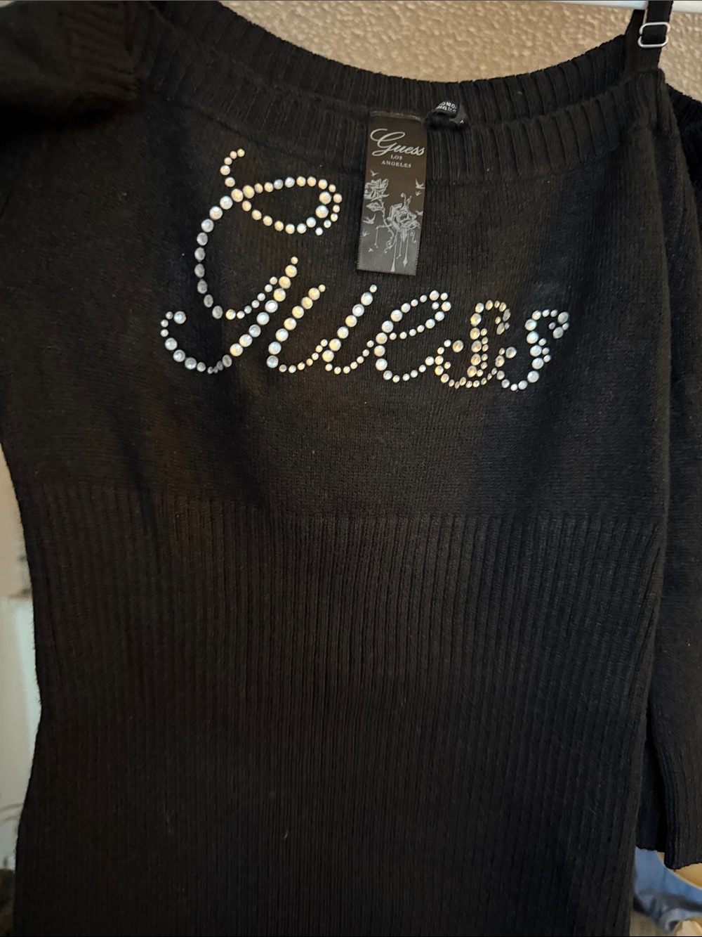 GUESS Black Off-Shoulder Rhinestone Logo Sweater